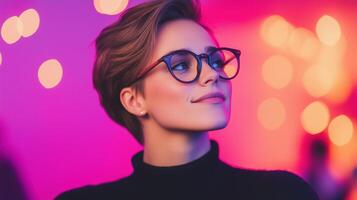 Confident Person Demiboy with Short Hair and Glasses Smiling in Vibrant Colorful Lighting with Bokeh Effect in Background photo