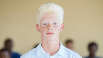 Confident Teenage Boy with Albinism in White Shirt Against Neutral Background, Focus on Portrait and Identity Expression photo