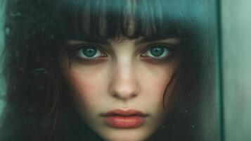 Portrait of a Woman Behind Glass with Intense Eyes, Expressing Emotion and Isolation Through Close-Up View, Capturing a Sense of Mystery and Depth in Moody Lighting with Focus on Expression photo
