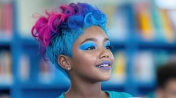 Vibrant Drag Queen Reading to Children at Library Storytime in Colorful Setting with Blue and Pink Hair Displaying Creative Makeup and Fun Aesthetic for LGBTQ Community Celebrations photo