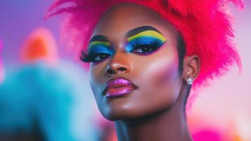 Vibrant Performer in Dramatic Makeup Backstage with Colorful Costume and Jewelry, Highlighting Artistic Expression in Drag Culture Photography photo