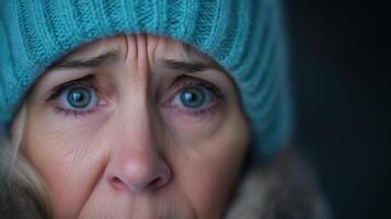 Closeup of Elderly Woman Scare in Emotional Moment Wearing Blue Beanie, Highlighting Wrinkles and Expression of Sadness photo