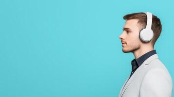 Young Professional Listening to Music on Headphones Against Blue Background for Modern Lifestyle and Technology Concept photo