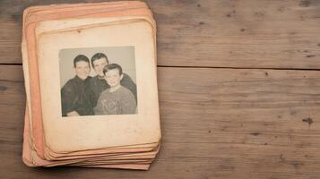 Vintage Family Reunion Photo Album With Stacked Old Photos On Wooden Table Surface