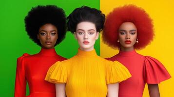 Three Diverse Models in Vibrant Fashion with Bold Hairstyles Against Colorful Background Reflecting Modern Beauty Standards photo