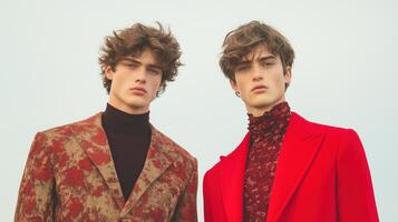 Fashion Editorial with Men in Traditional and Modern Styles Exhibiting Elegance and Sophistication in Vibrant Attire Under a Clear Sky for Contemporary Fashion Concepts photo