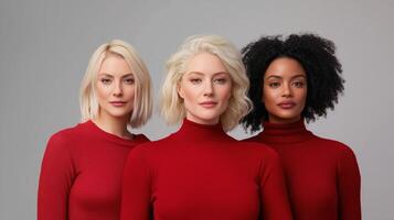Diverse Fashion Portrait of Three Models in Red Sweaters Against Neutral Background Emphasizing Hair Style and Beauty Standards photo