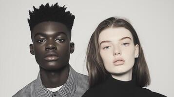 Fashion Editorial Showcasing Androgynous Style with Diverse Models in Minimalist Studio Portrait Expressing Modern Beauty and Inclusivity photo