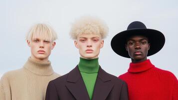 Androgynous Fashion Editorial Featuring Diverse Models in Vibrant Knitwear and Accessories Showcasing Contemporary Style and Bold Expression Against Minimalist Background Perfect for Modern Trends photo