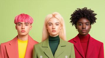 Fashion Shoot with Androgynous Style Featuring Diverse Models in Bold Colored Coats Against Green Background, Emphasizing Diversity and Modern Trends photo