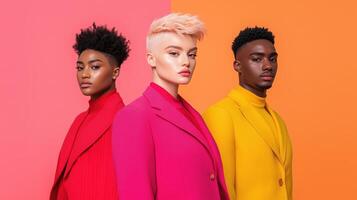 Bold Androgynous Fashion Shoot with Vibrant Backgrounds Featuring Diverse Models Showcasing Modern Colorful Outfits and Unique Hairstyles in Dynamic Studio Setting for Contemporary Expression photo