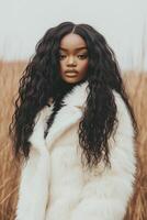 Elegant Winter Fashion Model in White Faux Fur Coat in Serene Natural Scenery with Brown Grass and Overcast Sky Showcasing Beauty and Seasonal Style photo