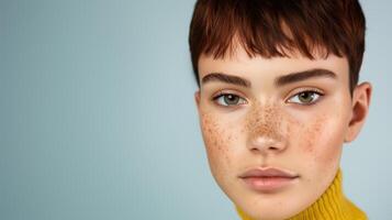 Portrait of Young Individual with Freckles and Short Hair in Yellow Sweater Against Neutral Background for Authentic Beauty, Fashion Photography, and Skin Diversity Concept photo