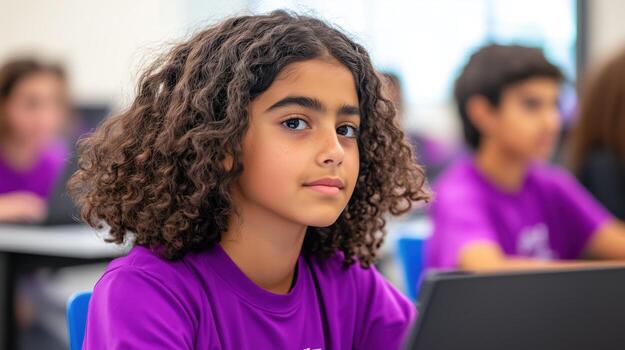 confidente no binario adolescente en salón de clases ajuste comprometido en aprendizaje con mirar atención en educación y diversidad en un moderno inclusivo educativo ambiente foto