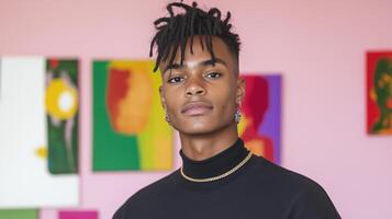 Nonbinary Artist in Modern Art Gallery with Vibrant Abstract Paintings Showcasing Artistic Expression in Creative Environment photo