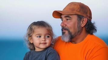 Father and Child Bonding by the Sea in Casual Clothing at Sunset Reflecting Family and Cultural Heritage Emphasizing Warmth Love Connection and Joyful Learning Moments in Vibrant Natural Setting photo
