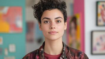 Nonbinary Artist Posing in Colorful Studio with Artworks Showcasing Creativity and Diversity in Modern Artistic Expression and Identity Portrait photo