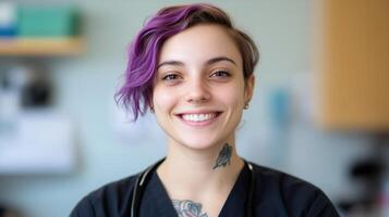 Smiling Nonbinary Individual with Tattoos and Piercings in Casual Setting Highlighting Diverse Personal Expression and Modern Style photo