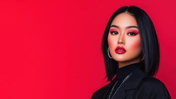 Elegant Portrait of Transgender Woman with Bold Makeup and Black Outfit on Red Background for Fashion Focused Stock Photography photo