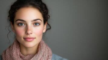 Confident Woman with Psoriasis Embracing Her Natural Beauty Against Neutral Background Perfectly Captures Skin Condition Awareness and Inner Strength in Authentic Portraiture Photography photo
