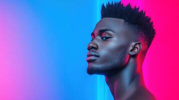 Neon Glow Male Portrait Against Vibrant Colors Capturing Serenity and Modern Style in Neon Lighting with Blue and Pink Hues for Creative Concepts in Current Fashion Photography Trends photo