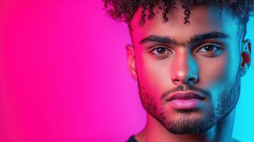 Portrait of a Serene Man Illuminated by Vibrant Neon Lights in Bold Colors and Dramatic Lighting for Artistic Expression, Modern Design, and Creative Media Projects Highlighting New Trends photo