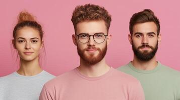 Professionals with Stubble Against Pink Background, Featuring Men and Women in Casual Attire, Styled with Glasses and Beards photo