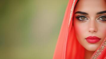 Elegant Indian Bridal Portrait with Red Saree and Traditional Makeup Close-Up with Soft Natural Background photo
