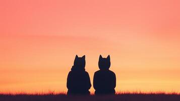 Two People in Fox Masks Sitting Facing Each Other at Sunset Silhouette and Reflection Against Vibrant Orange Sky and Green Grass photo