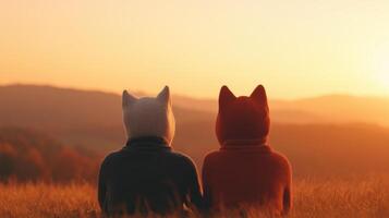 Two People in Fox Masks Sitting at Sunset Reflecting Serenity and Mystery in Natures Warm Glow photo