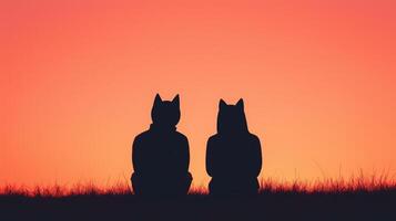 Two People in Fox Masks Sitting Silhouetted at Sunset Against Vibrant Orange Sky in Quiet Natural Setting for Mysterious and Playful Concept Design, Capturing Tranquility and Imagination photo