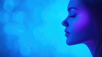 Woman Contemplating in Ethereal Blue Glow with Soft Focus Light Spots Creating a Mystical and Dreamlike Atmosphere photo