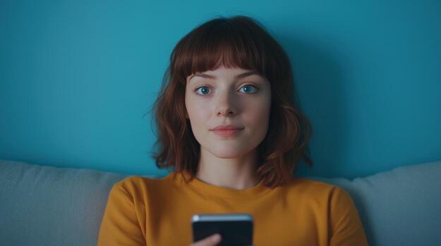 Woman Relaxing at Home Using Smartphone in Modern Interior Design with Blue and Yellow Color Contrast photo