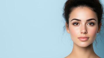 Young Female Face with Biometric Recognition on Soft Blue Background Highlighting Technology and Security Advancements in Modern Identification Systems photo