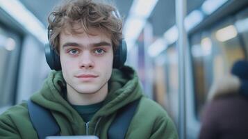 Young Man Enjoying Music and Social Media on Subway, Wearing Headphones, Casual Urban Style in Public Transport photo