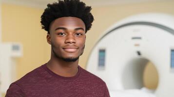 Young Man Undergoing MRI Scan in Hospital Room Next to Medical Imaging Machine with Relaxed Expression, Reflecting Modern Healthcare Technology and Advanced Diagnostic Procedure photo