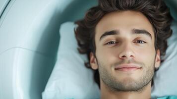 Young Man Smiling During MRI Scan Procedure in Modern Hospital Illustrating Comfort and Advanced Medical Technology in Healthcare Environment photo