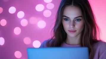 Young Woman Using Laptop with Futuristic Interface in Pink and Purple Light, Blurred Bokeh Background, Concept of Technology and Innovation in Modern Work Spaces for Stock Photography photo