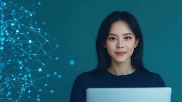 Young Woman Using Laptop with Futuristic Interface Background for Technology Innovation, Digital Communication, Data Analysis, Network Security, and Modern Work Environment Concepts photo