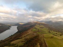 Aerial view of talybont reservoir and the brecon beacons national park in autumn photo
