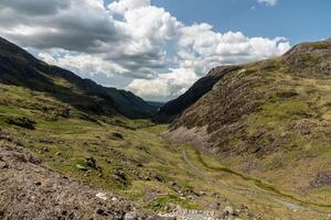 Expansive view of a serene mountain valley with winding road under cloudy skies photo