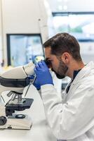 Scientist using microscope in laboratory doing scientific research photo