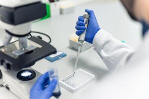Scientist using micropipette and microplate near microscope in laboratory photo