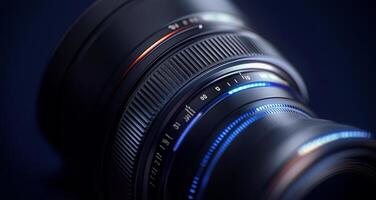 Close-up view of a professional camera lens showcasing detailed elements and textures under soft lighting photo