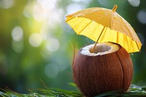 Unique yellow umbrella atop a coconut husk against a bright blue sky photo