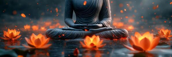 Buddha statue illuminated by soft light surrounded by lotus flowers in tranquil water setting photo