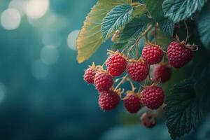 Vibrant raspberries clustered on a misty autumn morning surrounded by leaves photo