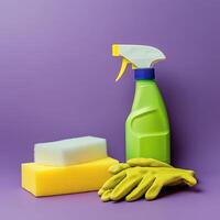 Cleaning supplies arranged neatly on a purple background for household chores and maintenance tasks photo
