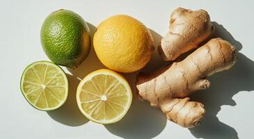 Fresh citrus and ginger arrangement on a light background with natural shadows photo