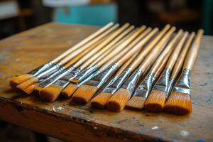 Collection of painting brushes arranged neatly on a wooden surface in an artist studio photo